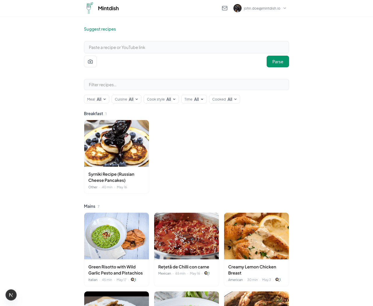 Mintdish recipe list with food photography